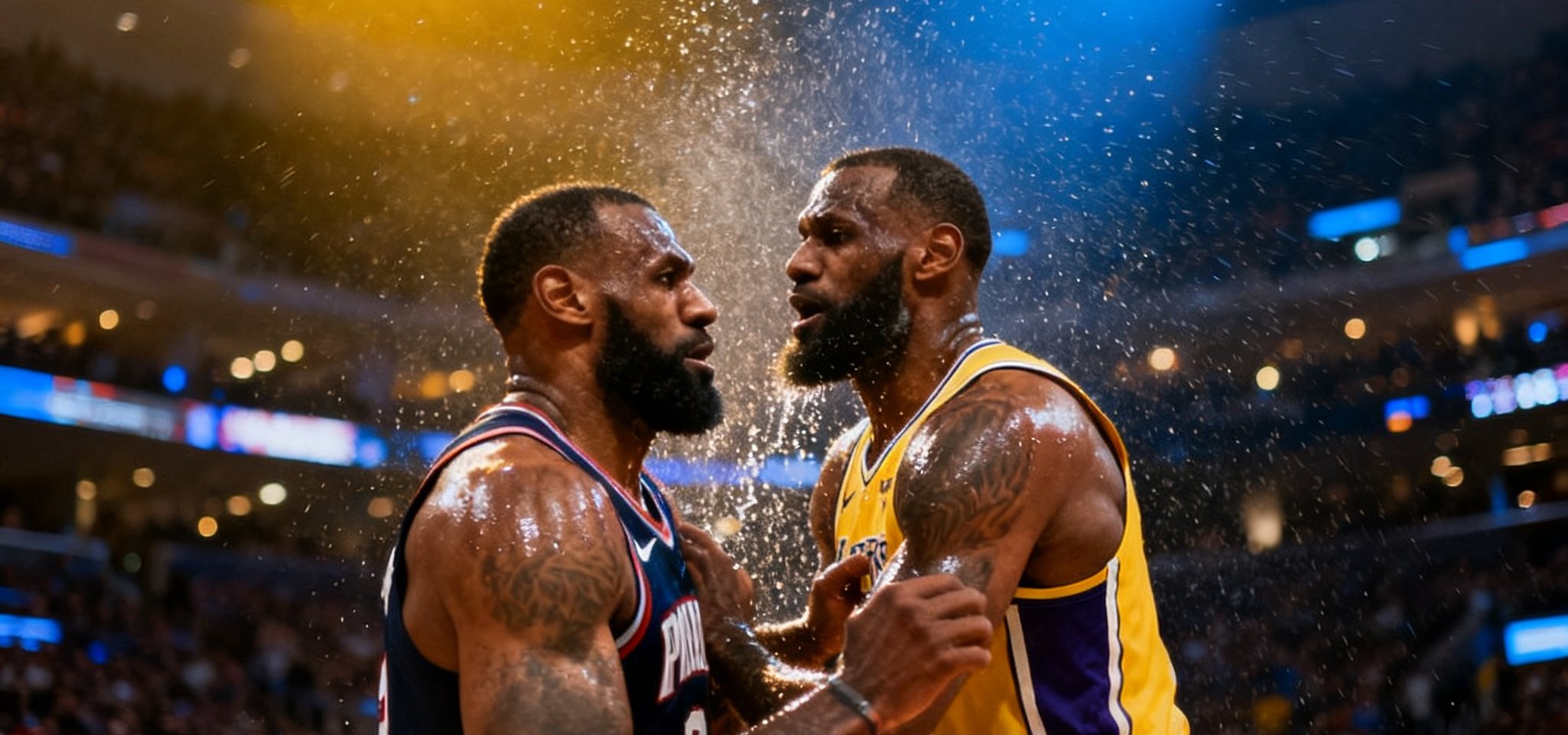 NBA赛场中央，两位顶级球星在聚光灯下激烈对抗，汗水飞溅，背景是座无虚席的万人球馆，气氛紧张到极点