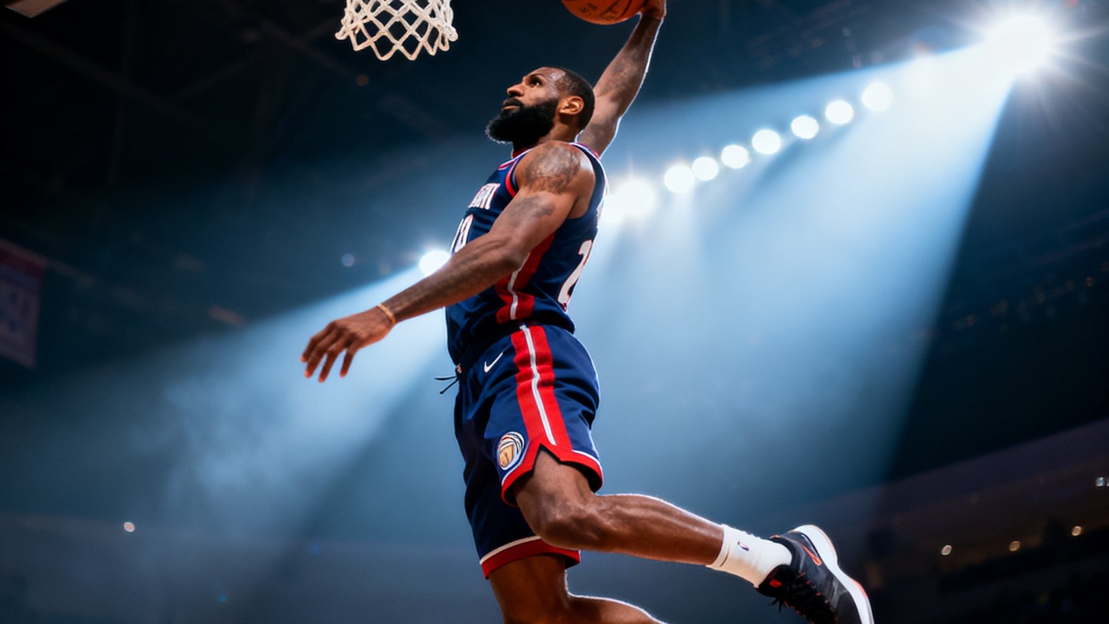 NBA全场集锦视频封面，画面定格在一记精彩绝伦的扣篮瞬间，球员悬在空中，背景是闪耀的聚光灯